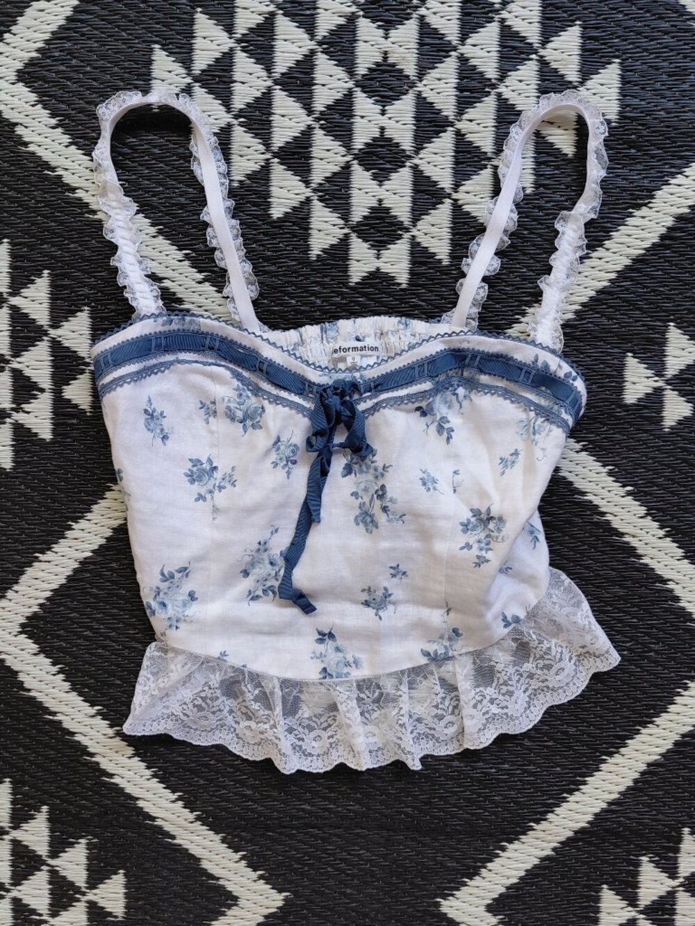 REFORMATION Paola Linen Top in Delicacy I white and blue floral linen camisole